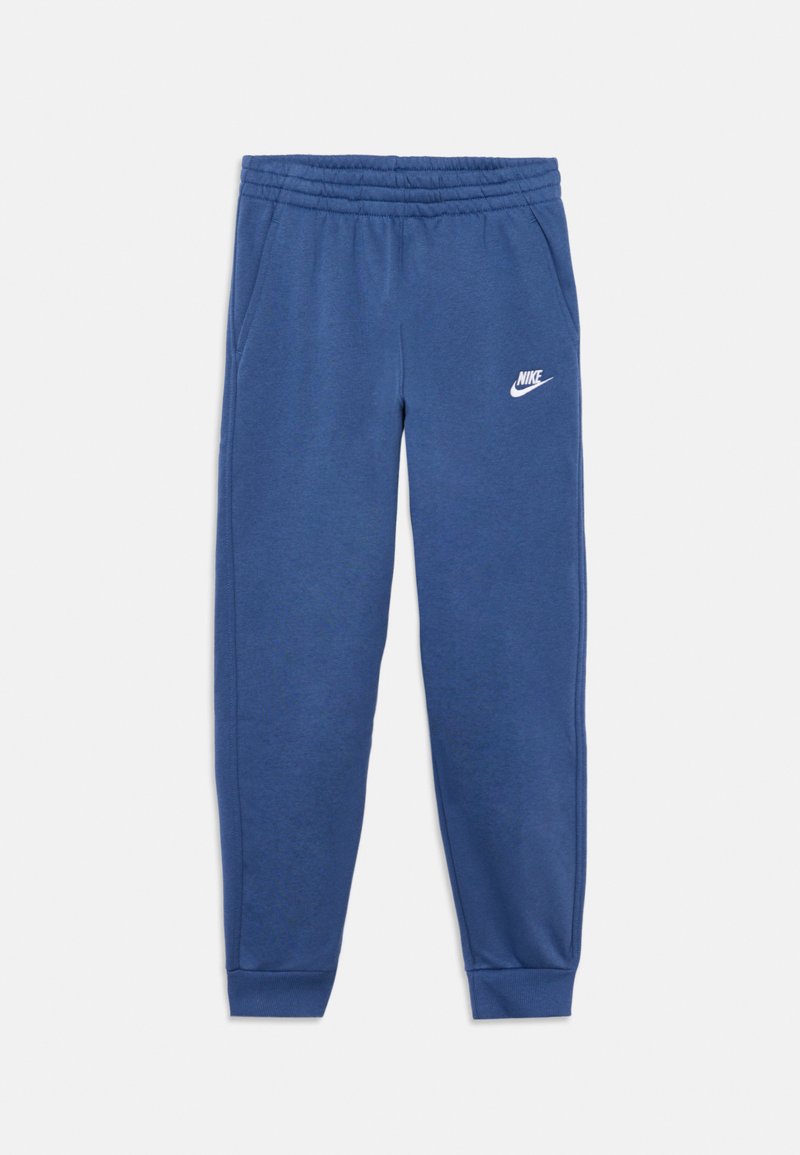 Blauwe joggingbroek van zacht stof, met een taps toelopend ontwerp en een elastische tailleband; opvallend wit Nike-logo op de linker dij.