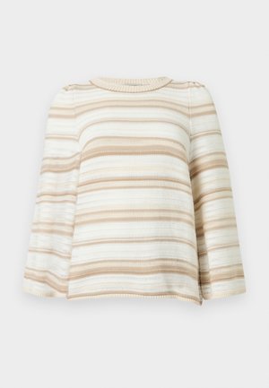 Črtast pulover v kremni in bež barvi z okroglim izrezom in širokimi rokavi. Pletena tekstura z izmenjujočimi se zaprtimi in odprtimi vzorci.
