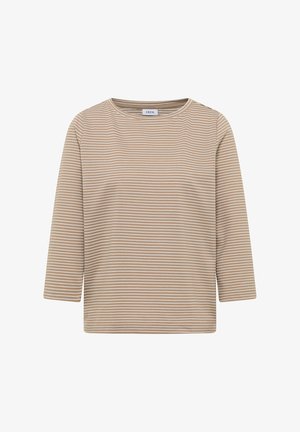 Beige raidoilla varustettu pitkähihainen paita, jossa on pyöreä pääntie ja kolmanneksen pituiset hihat; pehmeä, sileä kangas, jossa on kontrastisia valkoisia raitoja.