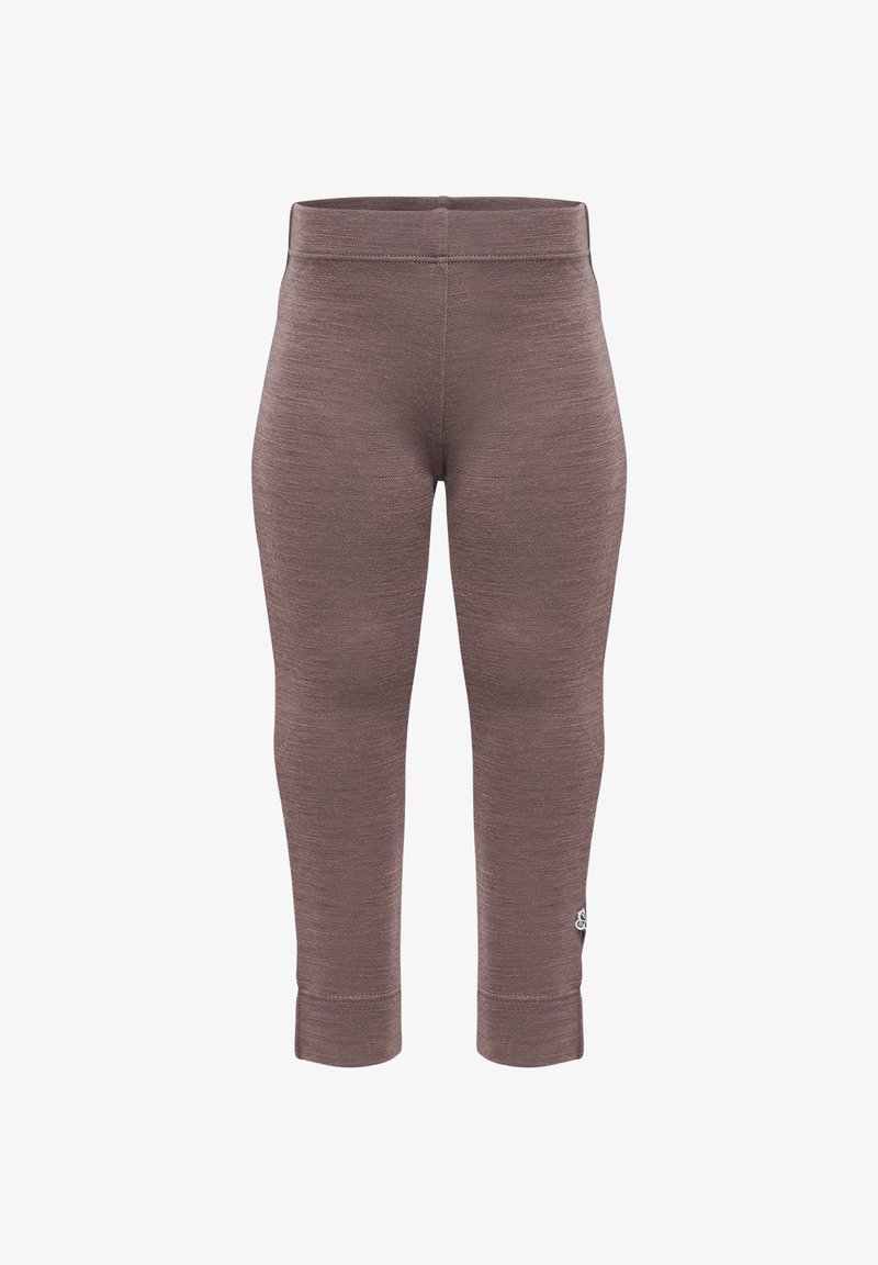 Brązowe dopasowane legginsy wykonane z teksturowanego materiału, z szerokim pasem w talii i długością do kostek, z małym logo z boku.