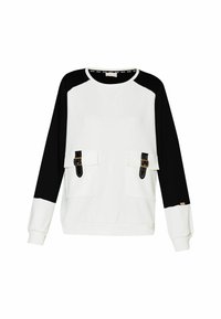 Sweat-shirt blanc et noir à manches longues avec deux poches avant dotées de sangles à boucle noire et de poignets côtelés.