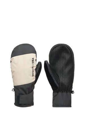 Set van zwarte en beige winterwantjes met een getextureerde palm en verstelbare polsband, één toont de voorkant en de andere de achterkant.