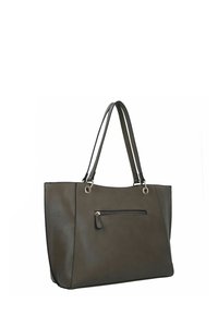 Borsa tote in pelle verde scuro con una texture liscia, due manici lunghi e una tasca frontale con zip per lo stoccaggio. Presenta dettagli in metallo argentato.