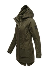 Olive-green parka jacket with a hood, featuring a zip closure, two front pockets, and a textured shoulder patch. Durable fabric.