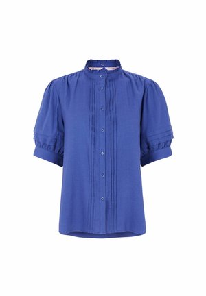 Zila īsroku blūze ar augstu apkakli, pogām priekšpusē un krokotām detaļām vidū. Mīksts audums ar vaļēju piegriezumu.