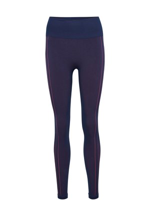 Legginsy w kolorze granatowym, długości pełnej, z szerokim pasem i cienkimi pionowymi czerwonymi paskami na zewnętrznych stronach nóg.