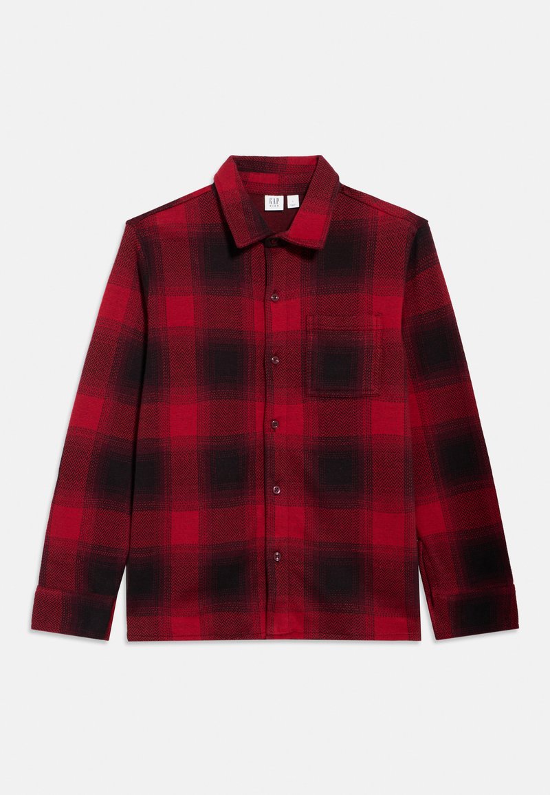 Červená a čierna károvaná flanelová košeľa s zapínaním na gombíky, dlhými rukávmi a vreckom na ľavom prsníku. Mäkká, textúrovaná látka.