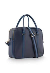 Navy blue leather bag with a textured finish, gold hardware, dual handles, and a detachable shoulder strap featuring blue accent lines.