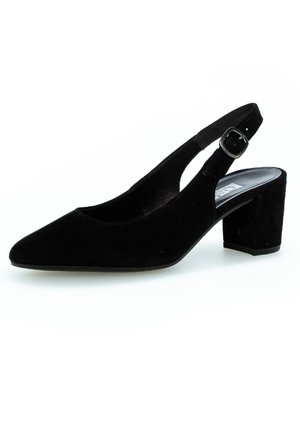 Black suede slingback shoe with a pointed toe, low block heel, and an adjustable buckle strap. Smooth texture with a matte finish.