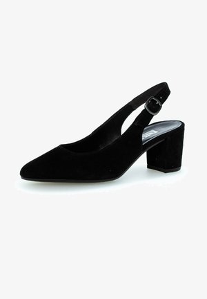 Schwarzer Wildlederschuh mit Slingback, spitzer Zehenform, niedrigem Blockabsatz und einem verstellbaren Schnallenriemen. Glatte Textur mit matter Oberfläche.