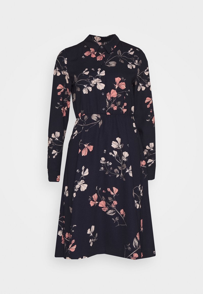 Robe noire à manches longues boutonnée, motif floral rose et blanc, taille ajustée et jupe évasée longueur genou.