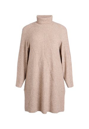 Beige gerippter Strickpullover-Kleid mit langen Ärmeln und diagonalen strukturierten Mustern auf einem weißen Hintergrund.