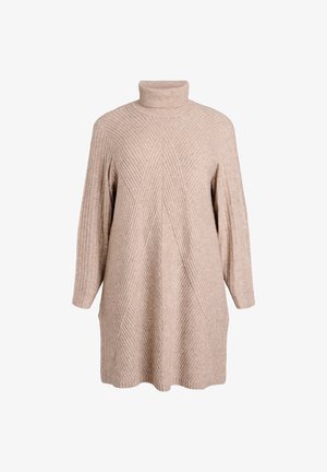 Abito maglia a coste beige con collo alto, maniche lunghe e motivi testurizzati diagonali su uno sfondo bianco.