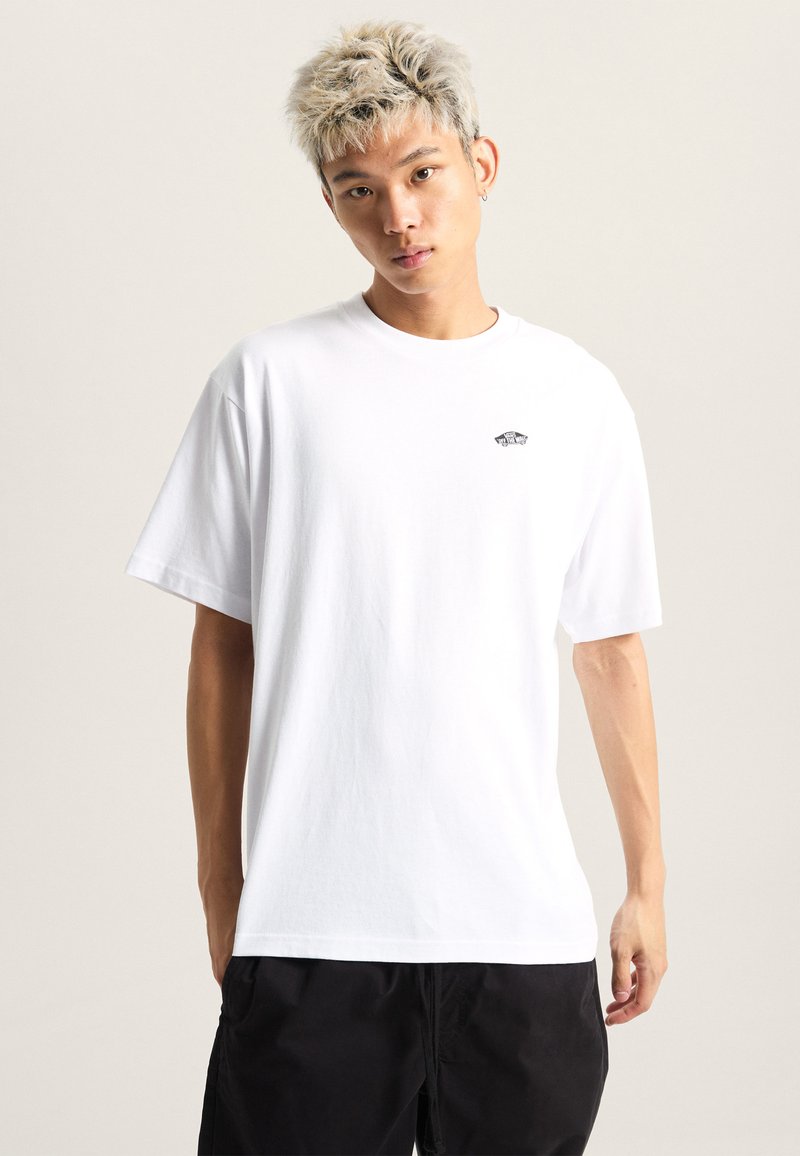 White cotton t-shirt with short sleeves, crew neckline, and a small black logo on the left chest. Smooth texture, standard fit.