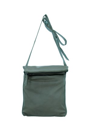 Dark green leather crossbody bag with adjustable strap and front zipper pocket, displayed against a white background.