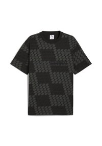 Czarny t-shirt z krótkim rękawem z ciemnoszarym geometrycznym wzorem w kratkę i subtelnym napisem „HIGH SPEED HIGH STAKES” na wysokości klatki piersiowej.