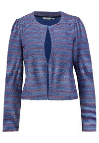 Granatowa krótka kurtka z teksturowanym wzorem w czerwone i białe paski. Posiada okrągły dekolt, otwarty przód oraz długie rękawy.