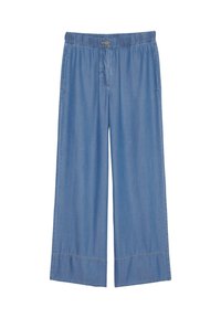 Ljusblå vida byxor med avslappnad passform, elastisk midja och sydda nederkantdetaljer. Tillverkade av mjukt denimtyg.