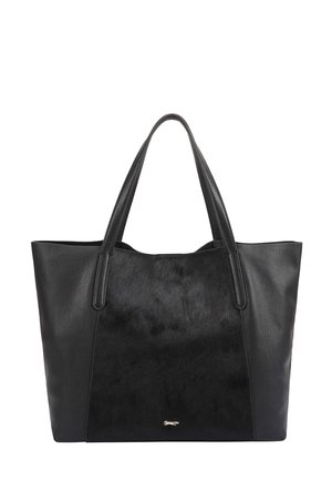 Zwarte leren shopper met dubbele handvatten, een getextureerd middenpaneel en een klein metalen logodetail onderaan het midden.