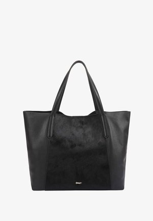 Sac fourre-tout en cuir noir avec poignées doubles, panneau central texturé et petit logo métallique en détail au centre en bas.