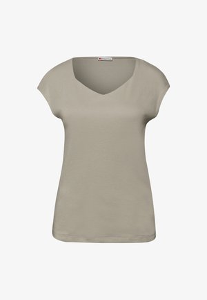 Ærmeløs taupe strikbluse med V-udskæring og diskrete kappelignende ærmer, med en lille "Street One" label inde i kraven.