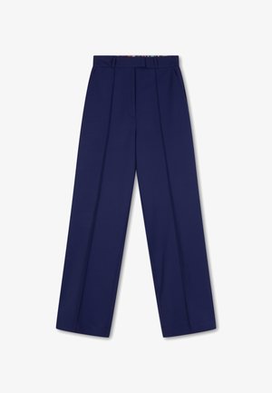 Marineblauwe broek met een rechte pijp, voorzien van twee voorplooien, een gladde textuur en een gemusterde tailleband.