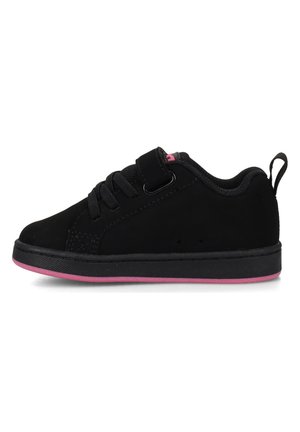 Black low-top sneaker with pink sole, lace-up front, and a hook-and-loop strap, shown from the side on a white background.