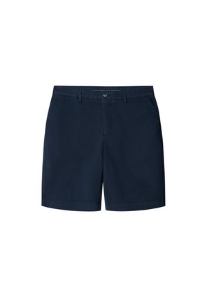 Mørkeblå shorts lavet af letvægtsstof, med knaplukning, forlommer og lige kant. Glat tekstur uden mønstre.