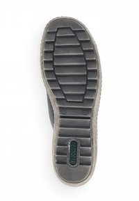 Semelle de chaussure en caoutchouc noir avec des rainures texturées, forme arrondie et bord latéral gris clair. Comprend le logo de la marque en vert. Taille indiquée comme 37.