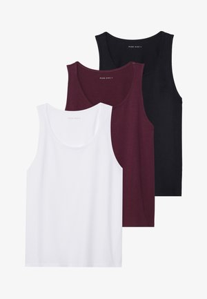 Three tank tops stacked: one white, one burgundy, one black. Made of soft fabric, featuring a classic cut with wide shoulder straps and scoop necklines.