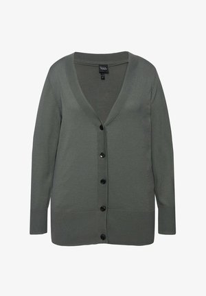 Olive green cardigan made of knit material, featuring a V-neckline, long sleeves, and six black buttons down the front.