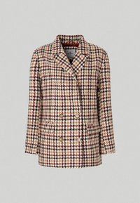 Double-breasted coat in beige, brown, and cream houndstooth pattern, featuring a notched collar, two front pockets, and beige buttons.