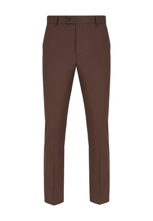 Brązowe spodnie o dopasowanym kroju z prostą nogawką, z zapięciem na guzik, paskiem oraz subtelnymi liniami zagniecenia dla schludnego wykończenia.