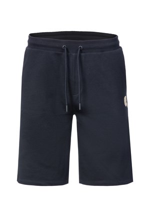 Navyblaue knielange Shorts mit elastischem Bund, Kordelzugverschluss und dezentem Logo am rechten Oberschenkel, auf weißem Hintergrund dargestellt.