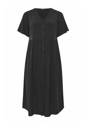 Robe midi noire avec manches courtes, col en V, et fermeture boutonnée sur le devant, avec une taille froncée pour une coupe décontractée.