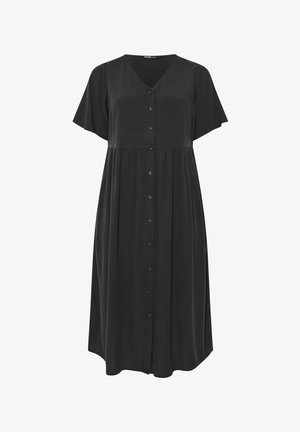 Zwarte midi-jurk met korte mouwen, V-hals en knoopsluiting aan de voorkant, voorzien van een geplooide taille voor een ontspannen pasvorm.