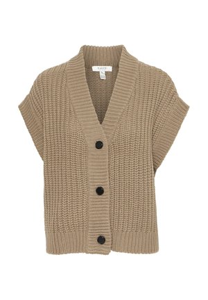 Beige kötött kardigán mély V-nyakkivágással, rövid ujjakkal és három fekete gombbal az elején. Az anyag mintázata texturált.