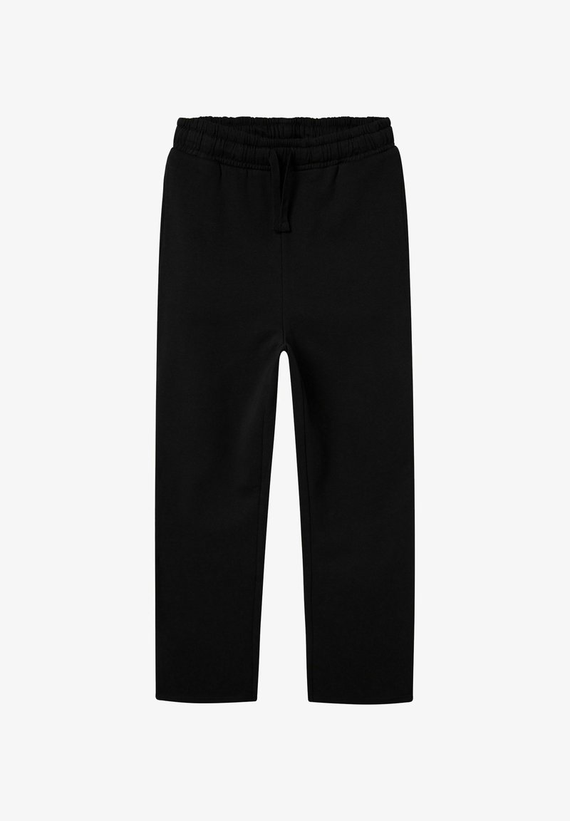 Schwarze Baumwoll-Sweatpants mit elastischem Bund und verstellbarem Kordelzug. Gerades Bein-Design, keine Taschen, glatte Textur.