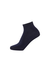 Navy ankle sock made of a smooth, stretchy material. Features a ribbed top and contoured shape for a snug fit. No patterns or additional accents.