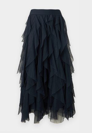 Černá vrstvená midi sukně z tylu s volánkovými kaskádovými panely a přiléhavým pasem.