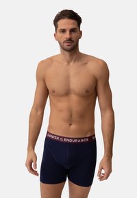 Navy blue boxer briefs featuring a maroon waistband with "DANISH ENDURANCE" printed in white. Made of soft, stretchy material.