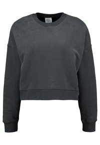Cropped black sweatshirt made from soft material, featuring a ribbed neckline and cuffs, with dropped shoulder seams for a relaxed fit.