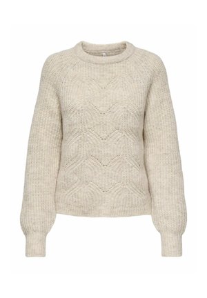 Pullover in maglia beige chiaro con un motivo a ondulazioni testurizzate, colletto rotondo e maniche lunghe. Realizzato in morbido filato spesso.