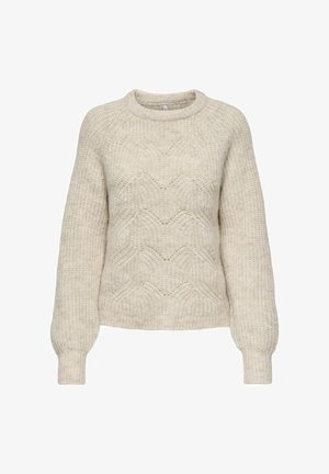 Pullover in maglia beige chiaro con un motivo a ondulazioni testurizzate, colletto rotondo e maniche lunghe. Realizzato in morbido filato spesso.
