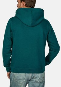 Teal hooded sweatshirt with a soft texture, ribbed cuffs and hem, and a kangaroo pocket, viewed from the back.