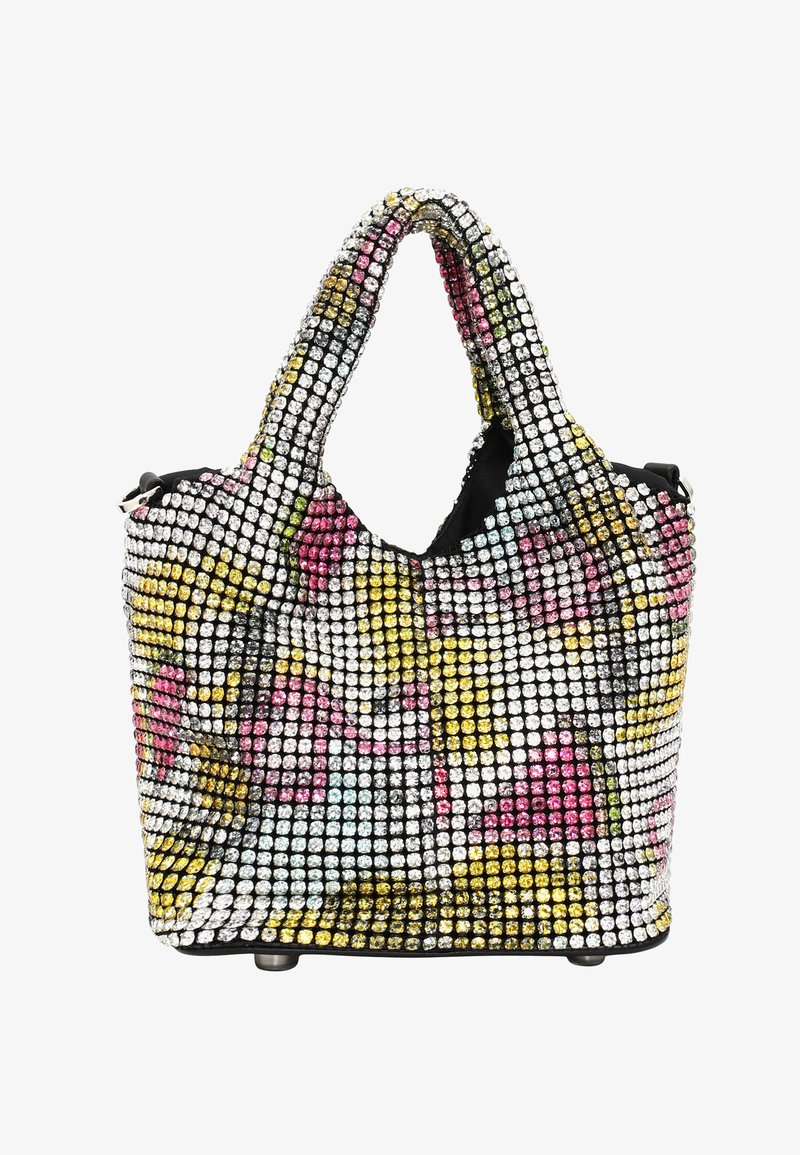 Tas met een zwarte basis versierd met kleurrijke rhinestones in roze, geel en zilver, met een gestructureerde uitstraling en een brede handgreep.