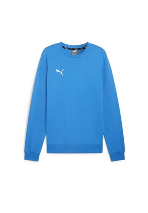 Blauwe sweatshirt gemaakt van zachte katoenen stof, met een ronde hals, lange mouwen, ribgebreide manchetten en een wit logo op de borst.