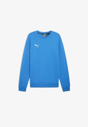 Felpa blu realizzata in morbido tessuto di cotone, con scollatura rotonda, maniche lunghe, polsini a costine e un logo bianco sul petto.