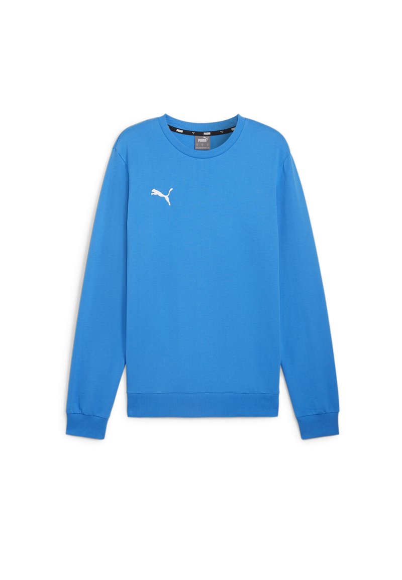 Blauwe sweatshirt gemaakt van zachte katoenen stof, met een ronde hals, lange mouwen, ribgebreide manchetten en een wit logo op de borst.