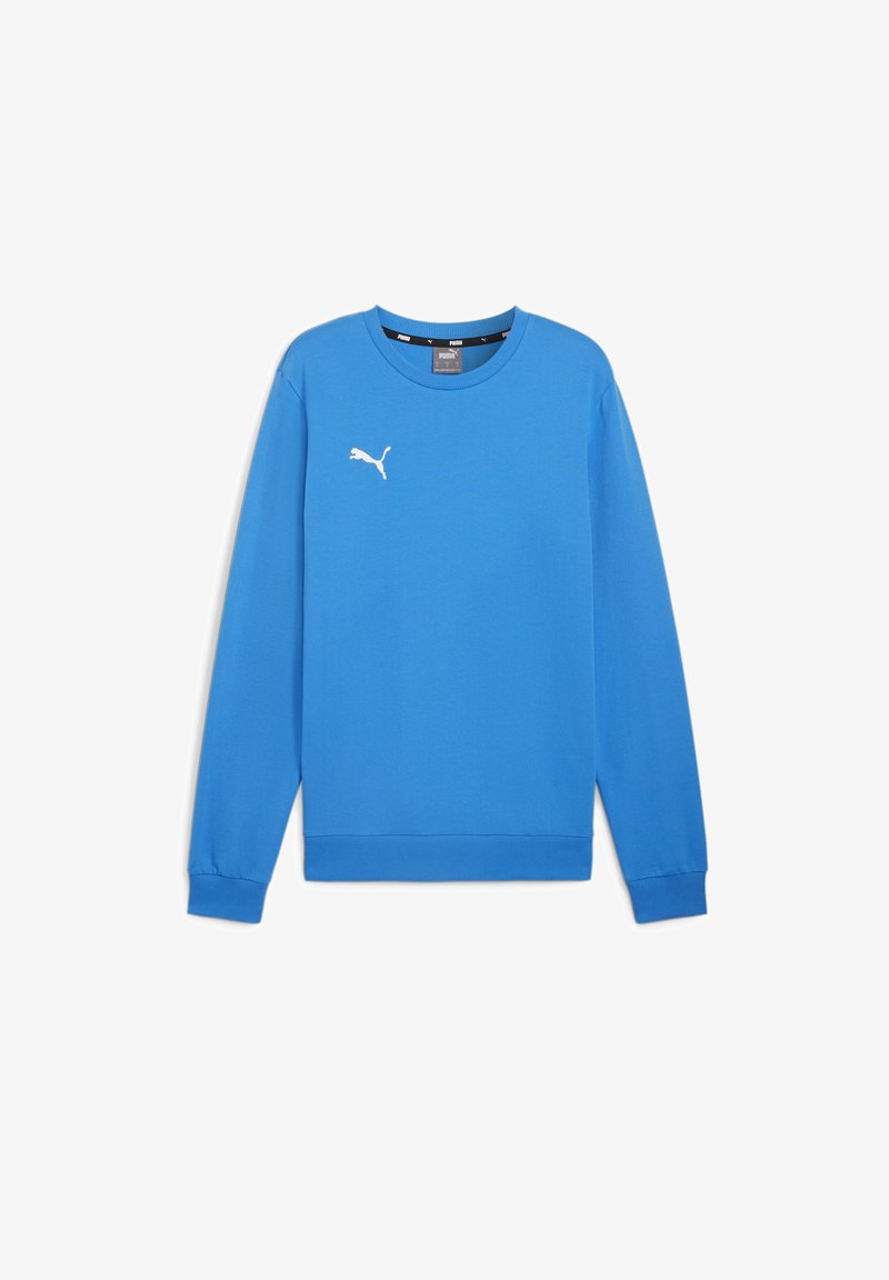 Blauwe sweatshirt gemaakt van zachte katoenen stof, met een ronde hals, lange mouwen, ribgebreide manchetten en een wit logo op de borst.
